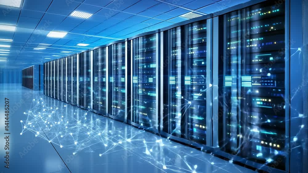 Poster modern data center with server racks and network connections