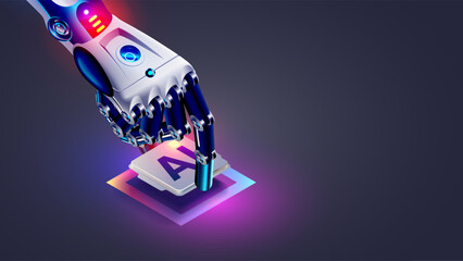 AI or artificial intelligence chip technology, chip concept. Robot or cyborg hand holds electronic processor chip or CPU with AI. Cyborg arm places AI chip. Microchip of neural network computing.
