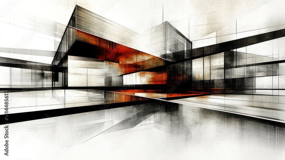 Poster abstract architectural sketch: modern design in shades of grey and rust