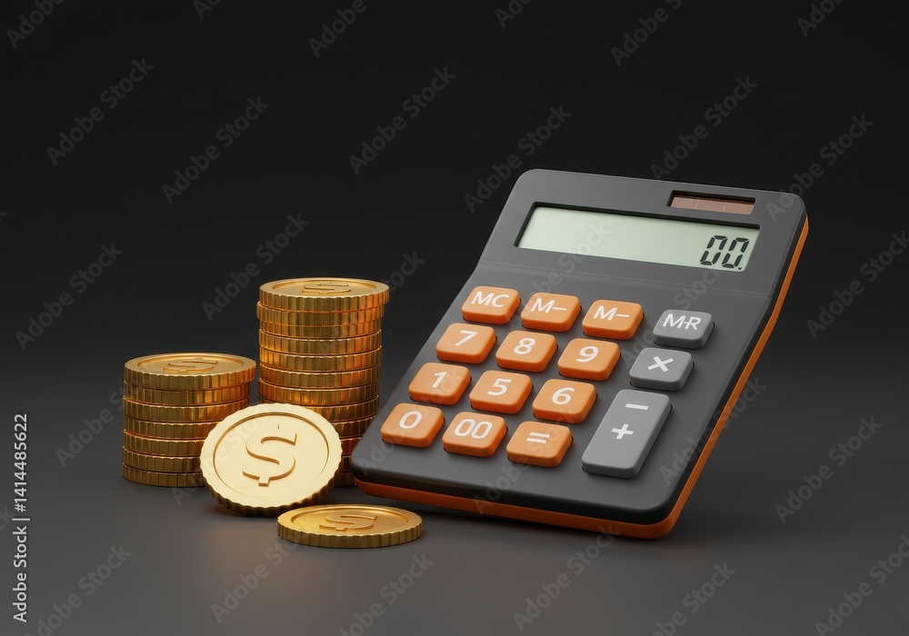 Poster a calculator next to three stacks of gold coins on a dark gray surface in a studio setting shot view