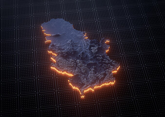 Illuminated Serbia Data Map Highlighting Geographical Features Neon Glow Light 3D Illustration