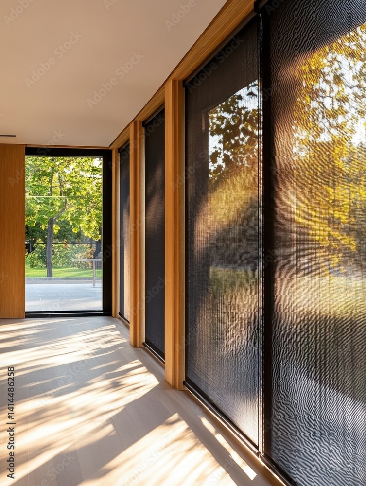 Poster interior view of a modern home with sunlight streaming through window blinds casting shadows on the 