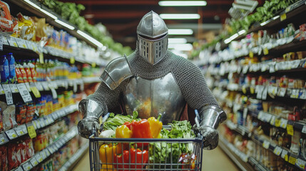 A medieval knight in a supermarket aisle, pushing a shopping cart filled with groceries, humorous contrast