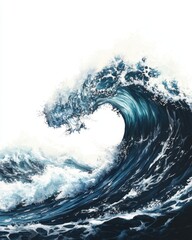 Dramatic ocean wave painting in blue hues with dynamic splashes and white foam against a bright background artistic sea scene