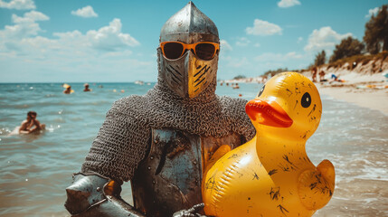 A medieval knight at the beach, wearing sunglasses over his helmet, holding an inflatable duck floatie