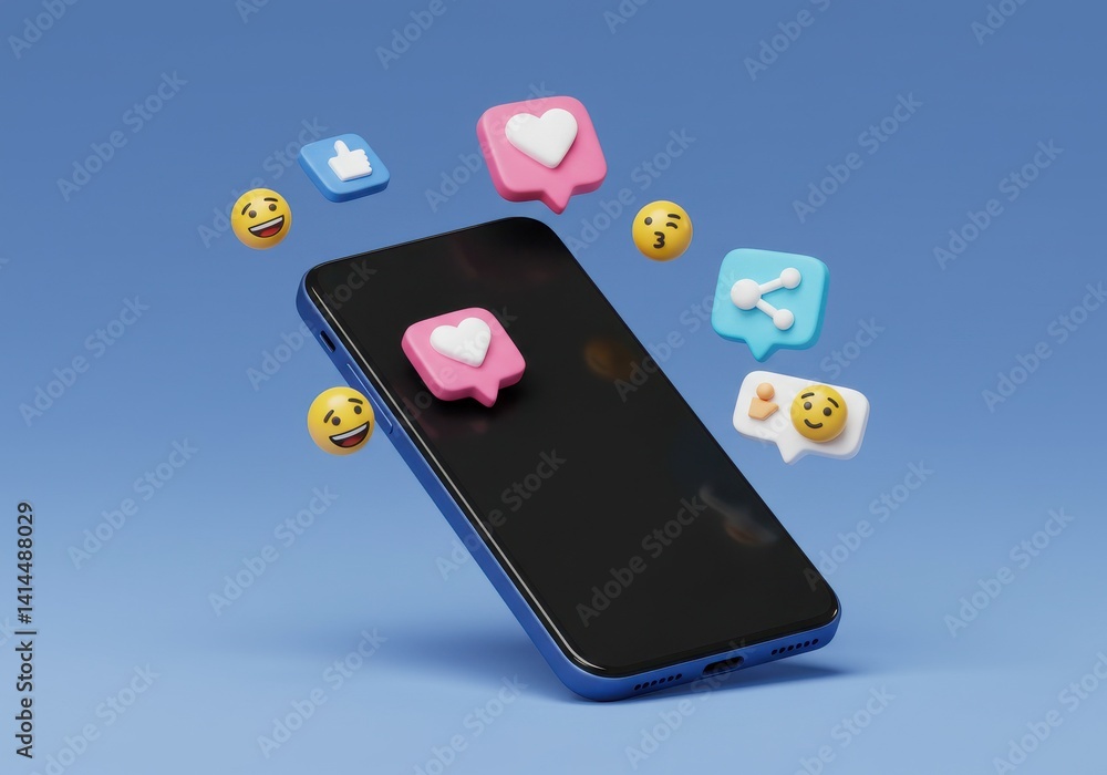 Poster floating phone with social media icons and emojis on a blue background in a stylized rendering