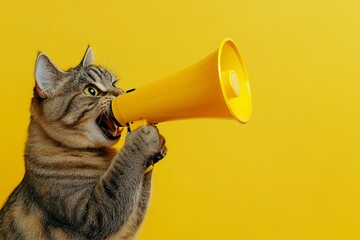 Funny Tabby Cat Holding Yellow Megaphone Announcing Important News Cute Pet Animal Advertising Marketing Social Media Concept Bright Yellow Background