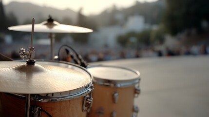 Obraz premium A drum kit onstage, poised for a live performance, with the sun setting in the background over blurred hills.