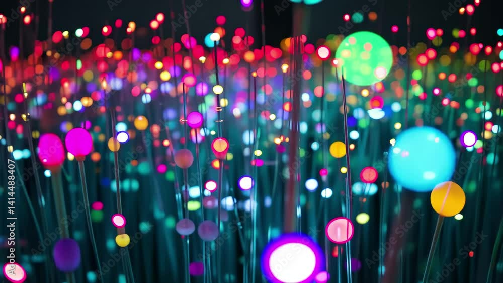 Poster bright and colorful lights radiate from numerous fiber optic strands, creating a stunning visual eff