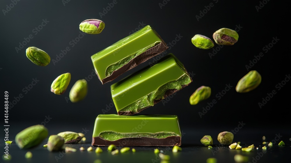 Aufkleber elegant pistachio chocolate squares floating against a dark backdrop creating a visually appealing d