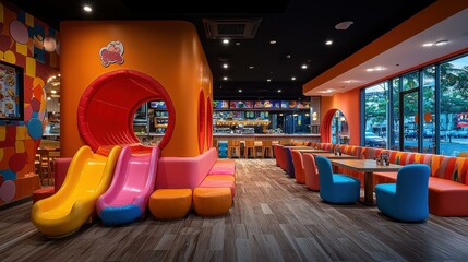 Playful Restaurant Interior with Kid-Friendly Zone Featuring Slides and Bright Seating