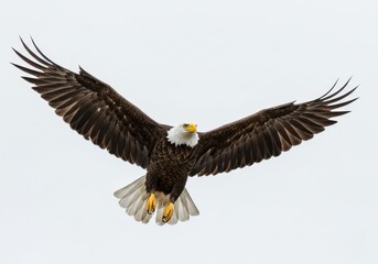 Obraz premium A bald eagle soaring through the sky with its wings fully extended against a white background scene view