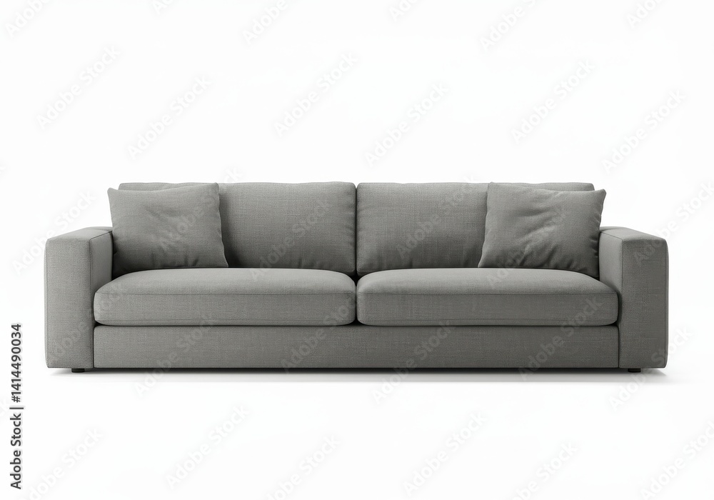 Poster a gray sofa with two cushions on a white background in a studio setting with soft lighting condition