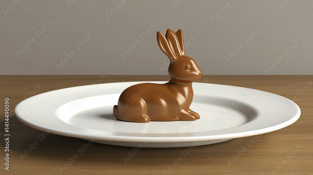 Poster elegant chocolate bunny on a clean white plate with subtle easter elements in the background made wi