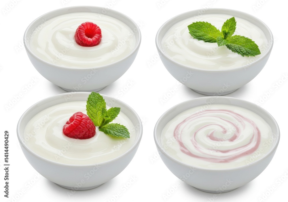 Poster four bowls of yogurt with toppings of raspberry and mint leaves on a white background surface view