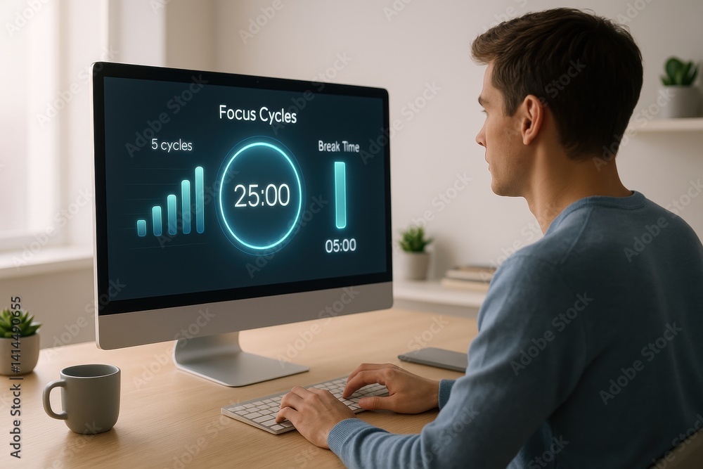 Poster focused individual working on a computer displaying a timer app with five pomodoro cycles, a 25-minu