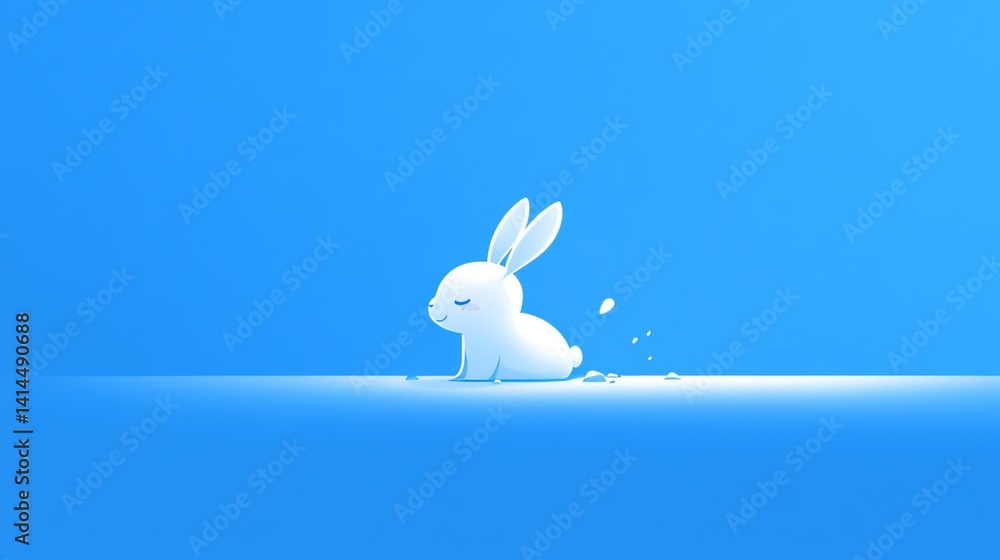 Poster playful bunny illustration emerging from the bottom of a plain blue surface made with generative ai 