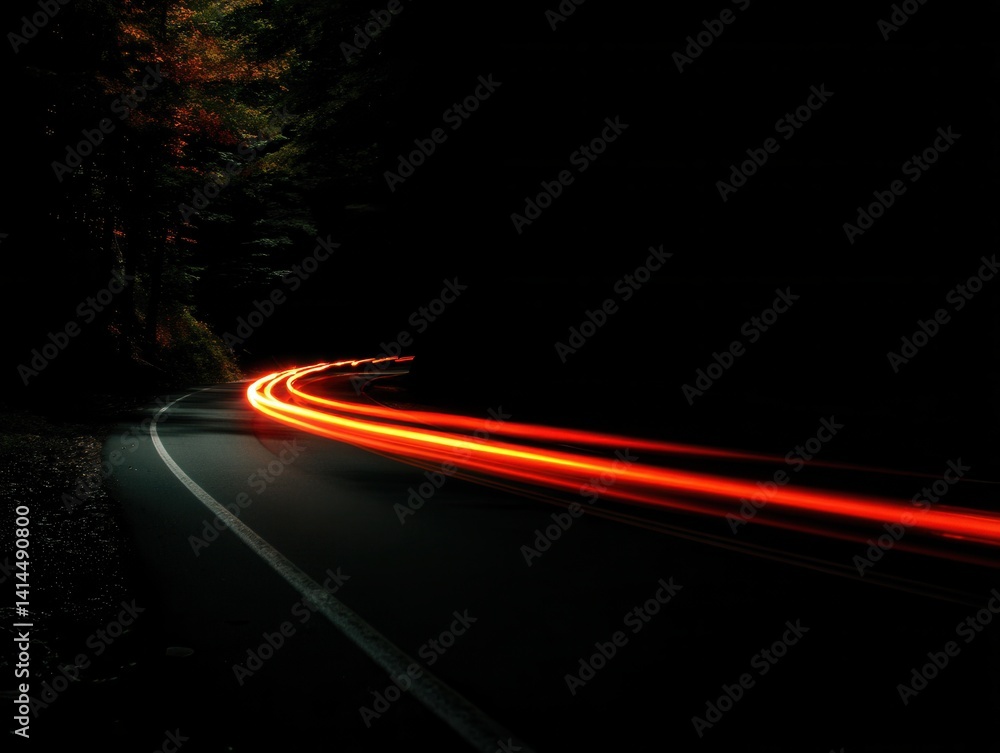 Poster dynamic car light trails illuminating dark forest road capturing speed and motion with long exposure