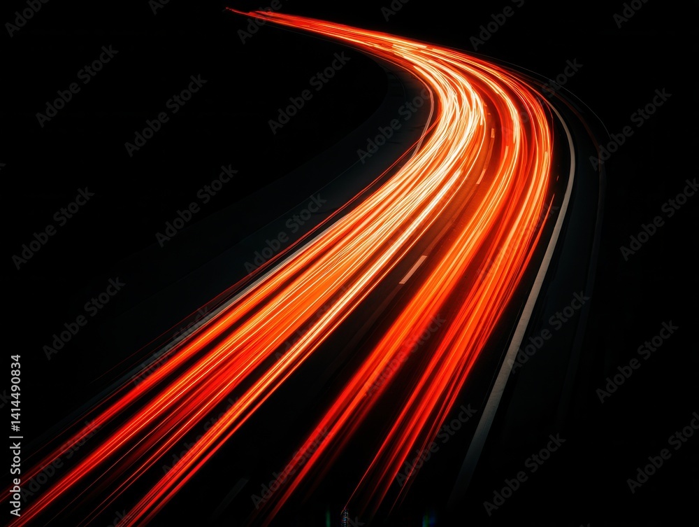 Poster dynamic highway at night with vibrant red light trails creating a sense of speed and motion on dark 