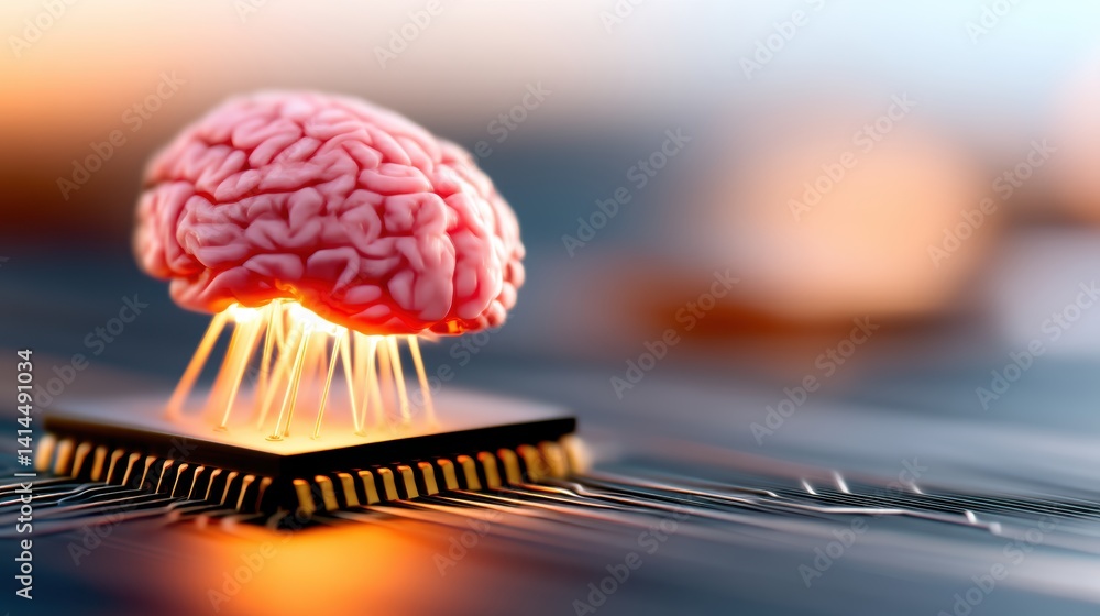 Aufkleber a digital representation of a brain levitating above a microchip, symbolizing the fusion of neurosci