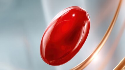 A glossy red capsule floating against a soft, blurred background, suggesting themes of health and wellness.