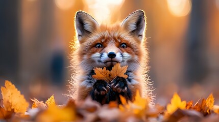 Fototapeta premium Charming red fox holds autumn leaf in natural setting