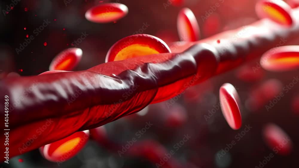 Poster blood cells move through a vein, showcasing a vivid display of deep red hues and subtle particles, i