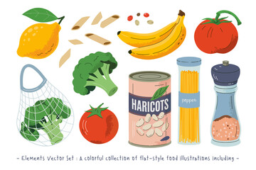 A colorful collection of flat-style food illustrations including a lemon, pasta, banana, tomato, broccoli, beans, spaghetti, and a pepper grinder in a string bag.