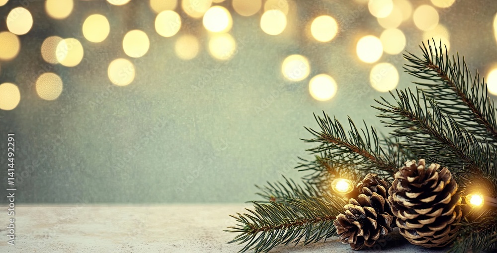 Poster festive fir branches and pine cones with sparkling light bokeh background