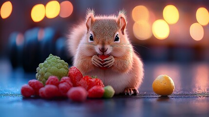 Charming squirrel delighting in a red strawberry