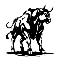 Obraz premium Powerful Black and White Bull Illustration Strong Muscular Animal
