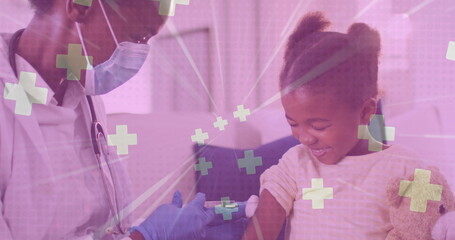 Multiple medical symbol floating against african american female doctor giving injection to a girl
