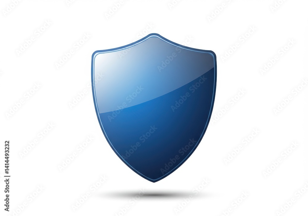 Poster a glossy blue shield with a shadow on a white background in a centered close up studio shot view