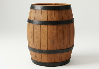 A wooden barrel with black metal hoops sitting on a white surface in a studio setting perfectly centered