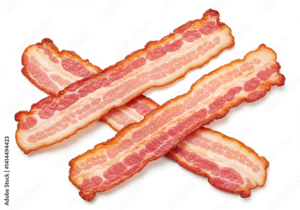 Aufkleber three strips of uncooked bacon overlapping each other on a plain white background in a close up shot