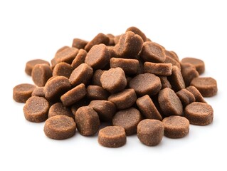 A pile of brown, round pet food kibble is isolated on a clean white background perfect for packaging design.