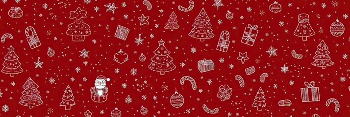 Festive Red Backdrop Featuring HandDrawn Christmas Trees, Santa, Ornaments and Snowflakes