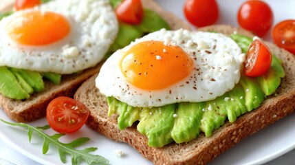A delicious plate featuring toasted bread topped with avocado, poached eggs, and cherry tomatoes, garnished for a healthy breakfast option.