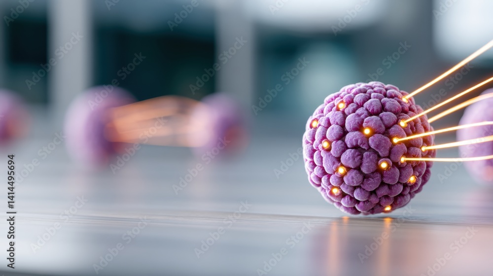 Poster a vibrant, close-up representation of a virus particle, showcasing its intricate structure and surfa