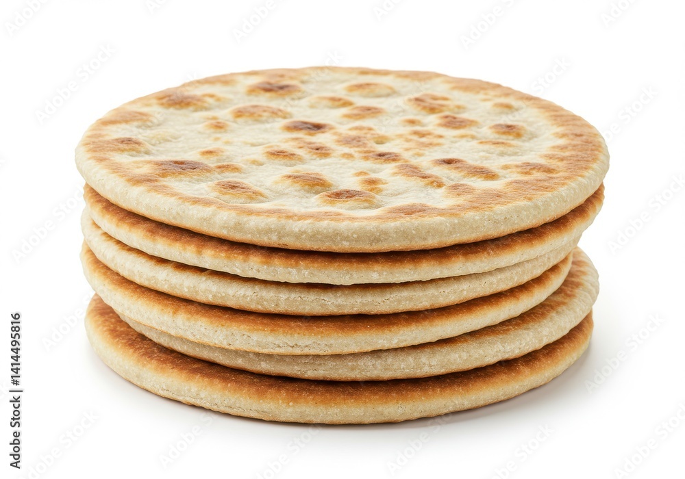 Poster a stack of six round flatbreads with light browning on a white background in a studio shot close up