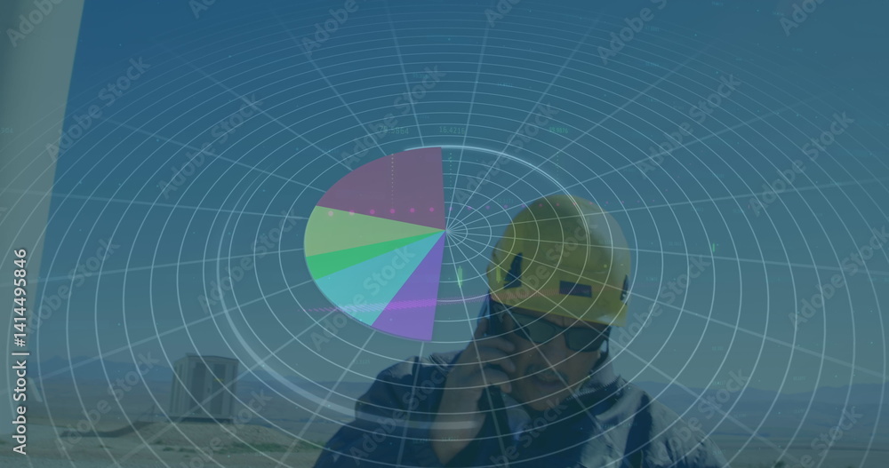 Aufkleber image of statistics and data processing over wind turbine on blue background