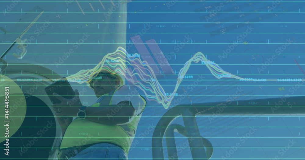 Poster image of statistics and data processing over wind turbine and engineer on blue background