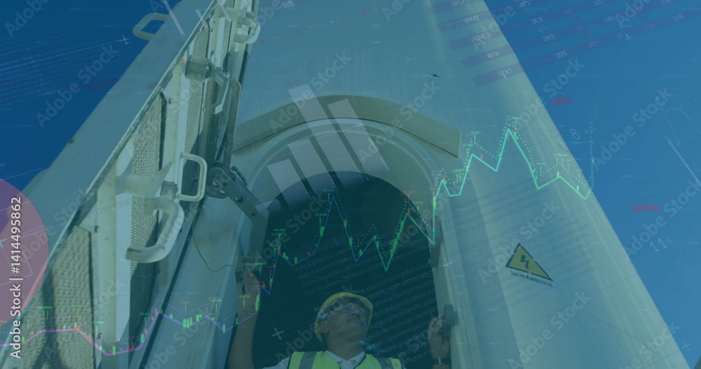 Poster image of statistics and data processing over wind turbine and engineer on blue background