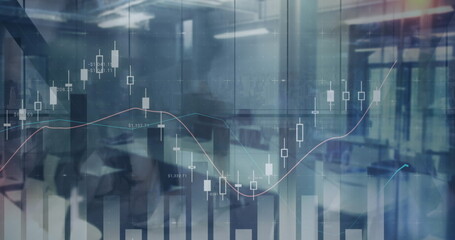 Image of statistics and financial data processing over office