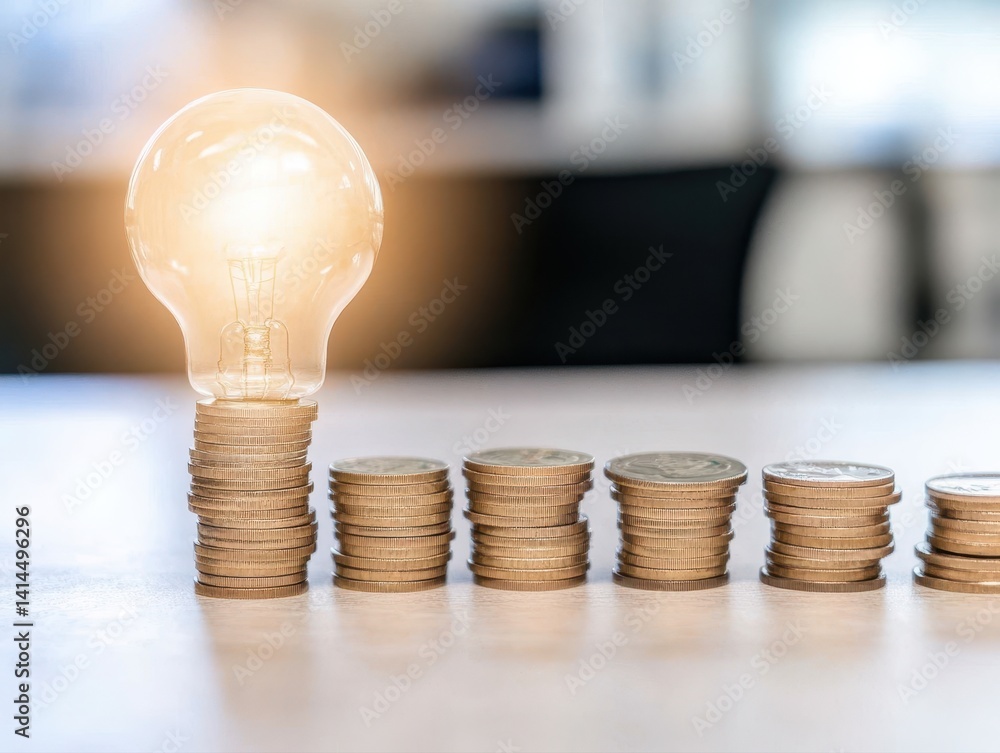 Aufkleber creative image showing a glowing incandescent light bulb placed on top of a neatly stacked pile of c