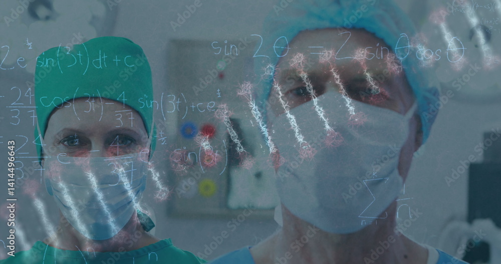 Poster image of dna strand and data processing over caucasian surgeons with face masks