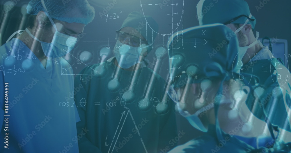 Poster image of dna strand and data processing over diverse surgeons with face masks