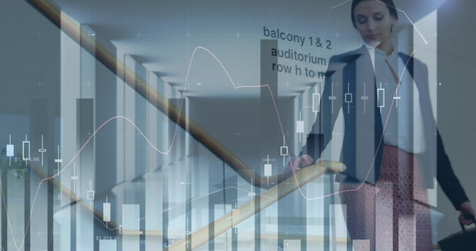 Image of statistics and financial data processing over caucasian businesswoman in office - Powered by Adobe