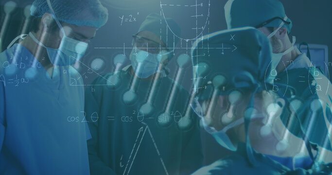 Image of dna strand and data processing over diverse surgeons with face masks - Powered by Adobe