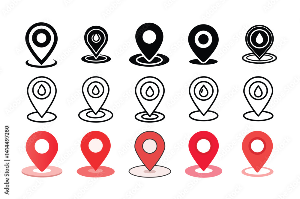 Poster set of map pointers. black and white icons for web design. black and white location icons set